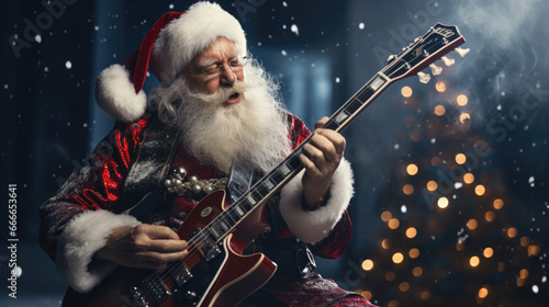 Santa Claus playing an electric guitar, shredding a rockin Christmas solo