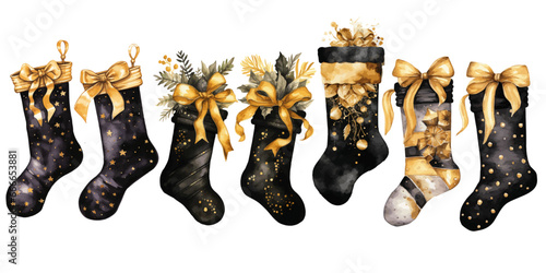 black and gold chistmas stockings watercolor vectors