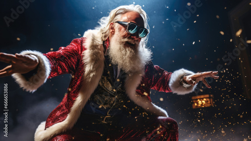Santa Claus breakdancing on a snowy dance floor at the North Poles hottest club