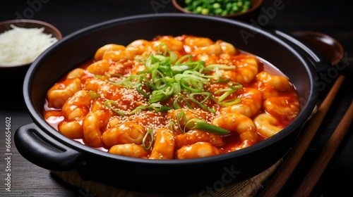 The image depicts a Korean dish known as "Rabokki." This dish features Korean instant noodles and Tteokbokki (rice cakes) served in a spicy sauce, showcasing the flavorful