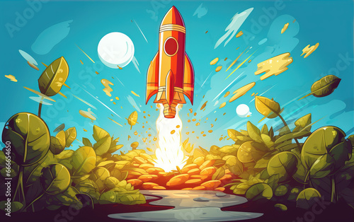 Rocket taking off illustration,created with Generative AI tecnology.