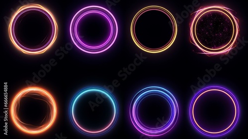 The image presents a set of glowing neon-colored circles arranged in a round curve shape with wavy dynamic lines.