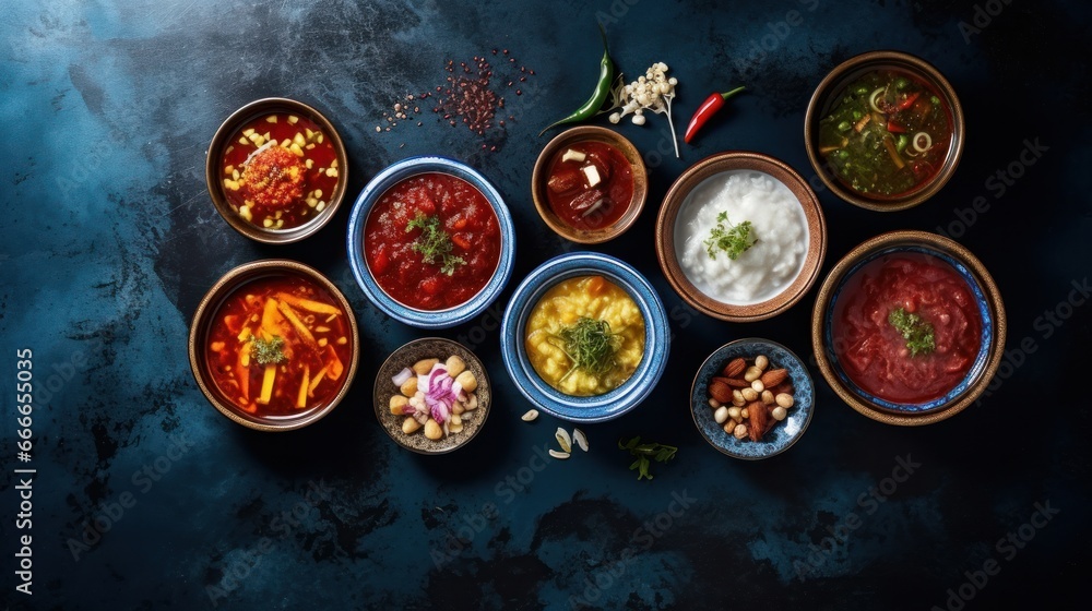 From a top-down perspective, the image showcases bowls filled with various Korean traditional side dishes, complemented by a drizzle of oil