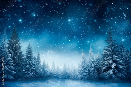 winter night forest background with stars  snowy trees and snow  winter and christmas concept  copy space for text