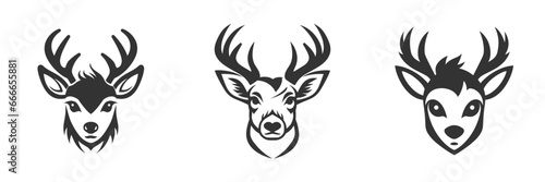 Cute reindeer head carton black and white silhouette. Deer icon set. Vector illustration