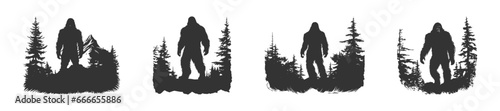 Bigfoot in forest silhouette. Vector illustration
