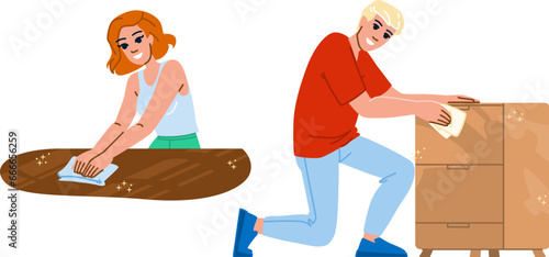 wooden furniture polishing vector. polish surface, work brown, table clean wooden furniture polishing character. people flat cartoon illustration