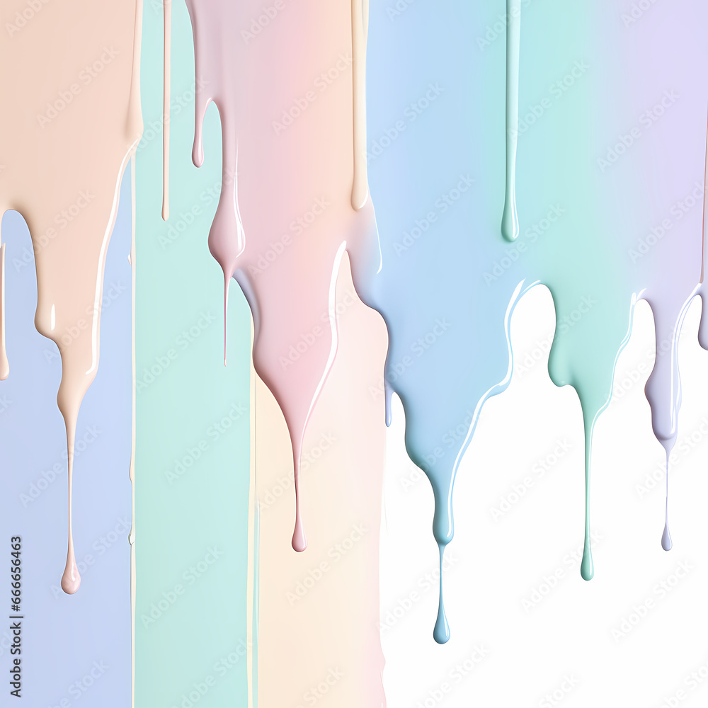 Fototapeta premium Dripping paint, pastel color, pastel image of paint slowly trickling down a surface. The colors are soft and muted, reminiscent of pastel shades.
