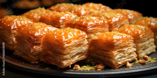 Typical Turkish food. Baklava puff pastry sweets. Generative AI. photo