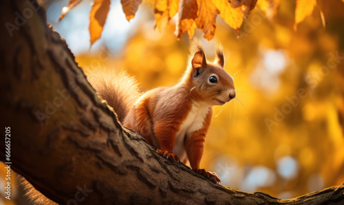 squirrel in the treetops on a warm autumn day