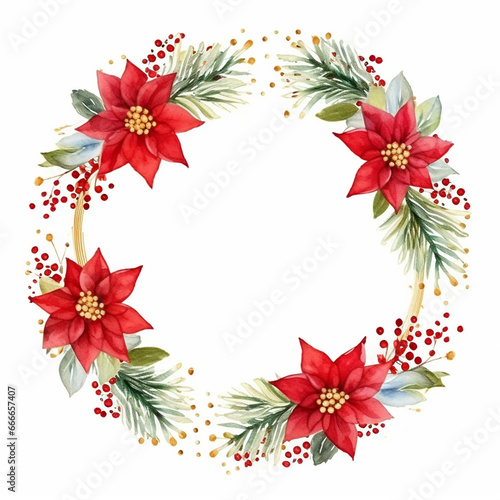 Christmas wreath with Poinsettia flowers, cranberry and holly berry and golden line border for holiday card decor. Generated AI