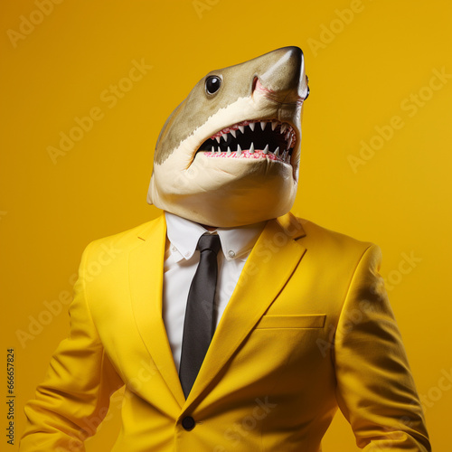 Shark in a suit on a yellow background. Business shark concept.