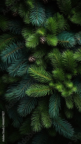 Christmas festive greeting card with pine tree branches and pinecone background. Generative AI.