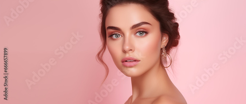 Portrait of beautiful young woman with clean fresh skin on pink background