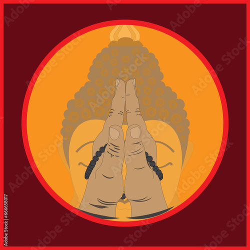 Image of a Buddha's glorifying hand in prayer to his god with vector illustration.