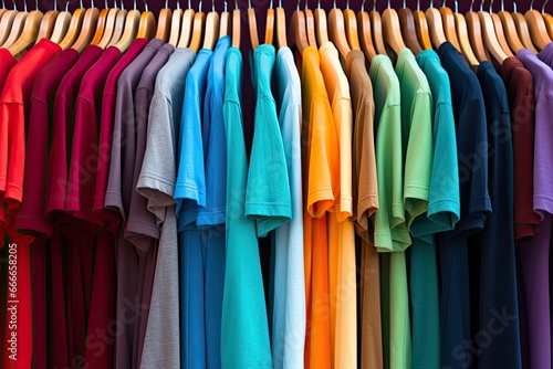 The colorful assortment of summer fashion on display at a clothing store offers a wide selection.