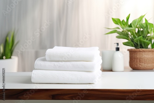 A stack of clean white towels on a wooden table symbolizes cleanliness, comfort and luxury in a spa or bathroom.