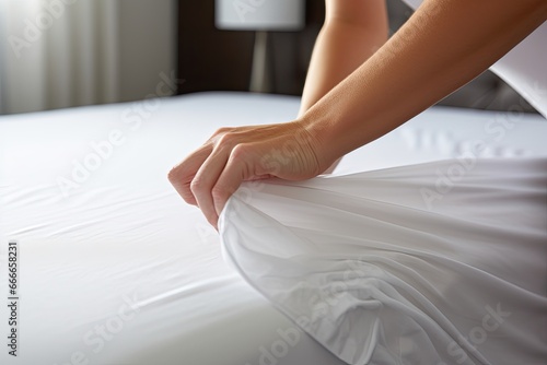A professional maid carefully and carefully prepares clean and comfortable white bed linen in a hotel room. photo