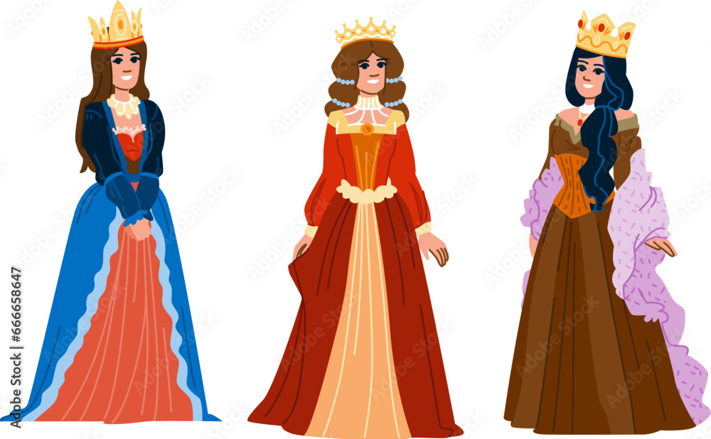 woman medieval queen vector. old fantasy, princess gold, white jewelry woman medieval queen character. people flat cartoon illustration