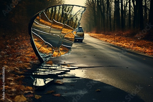 Car mirror broken lying road. Generative AI photo