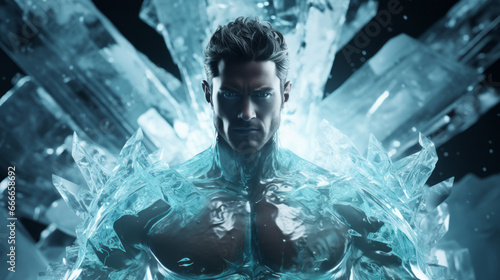 Superhero science-fiction, fantasy ice warrior covered with ice in a icey background. photo