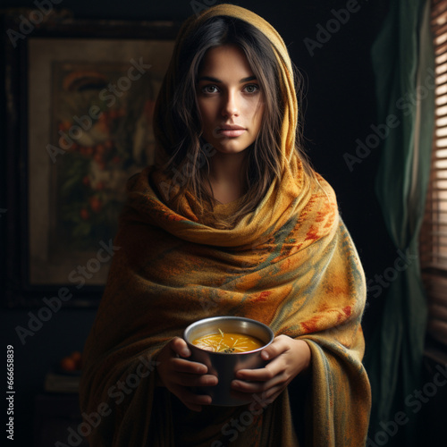 Homeless woman with a hot soup.