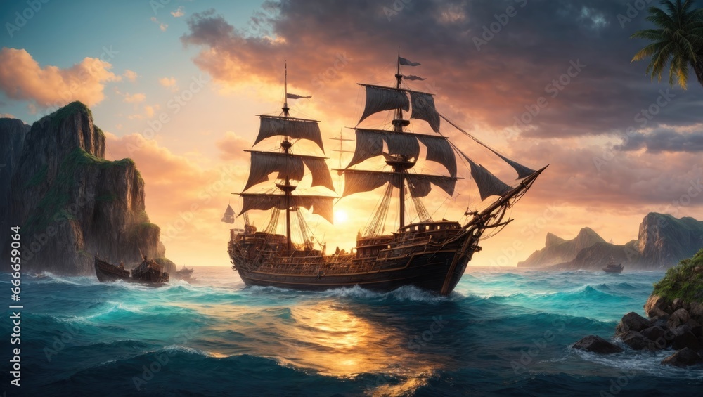 "Sunset Serenity: A Stylized Pirate Ship's Odyssey" - obrazy, fototapety, plakaty 