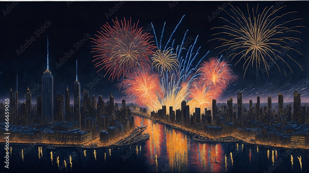 Naklejka premium On New Year's Eve, a breathtaking display of fireworks illuminates the night sky. The vivid explosions burst with vibrant colors - shimmering golds, dazzling pinks, and sparkling blues 