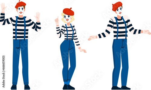 art mime vector. person comedian, male mimic, pantomime clown art mime character. people flat cartoon illustration photo