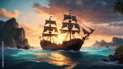 "Sunset Serenity: A Stylized Pirate Ship's Odyssey"