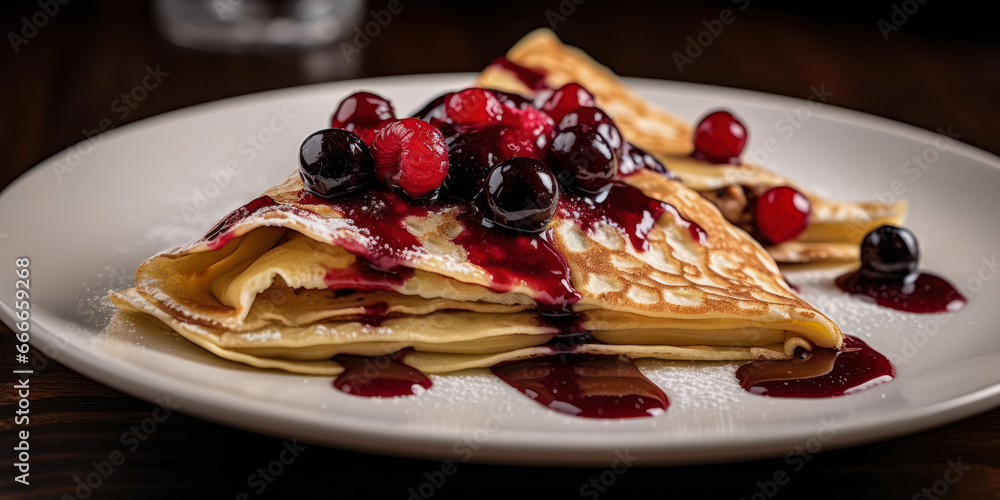 Delicious crepes with forest fruits. Generative AI. Delicious crepes with forest fruits. Generative AI.