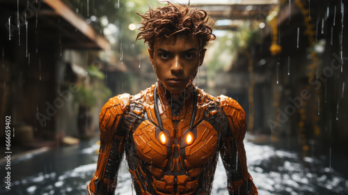 SuperHero - Young handsome man with futuristic glowing orange suit.