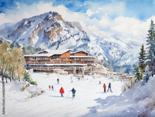 Illustration of a ski resort in winter drawing using watercolor medium. Facilities for skiers are available here. The weather is good with a bright and blue sky.