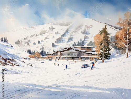 Illustration of a ski resort in winter drawing using watercolor medium. Facilities for skiers are available here. The weather is good with a bright and blue sky. © Aisyaqilumar