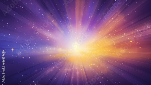 Abstract backgound with purple and orange light rays. God rays or light burst with bokeh.