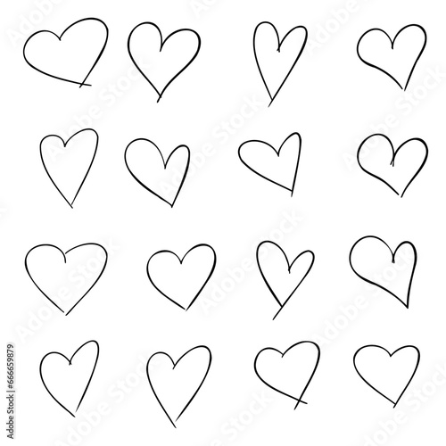 Big set of hand-drawn black hearts. Simple hearts. Doodle style. Vector 