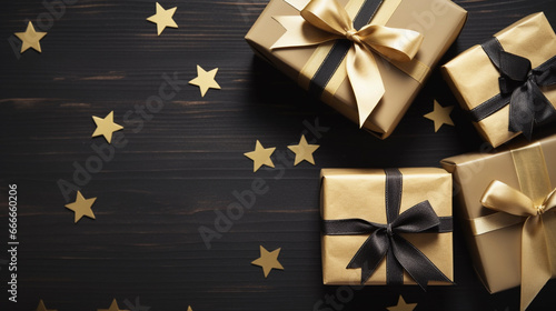 golden gift boxes with ribbon. christmas background with copy space