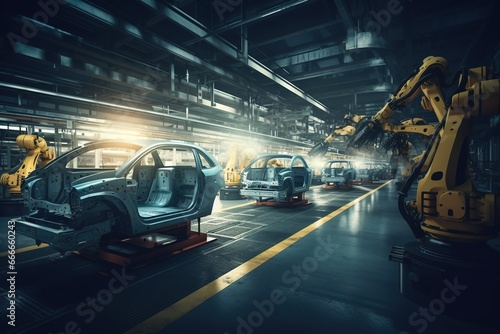 Automobile assembly plant using a robotic arm. Car production line