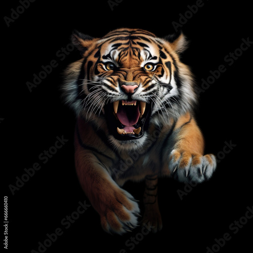 Beautiful tiger in jump with open mouth and sharp teeth isolated on black background. Dangerous  angry tiger on the hunt