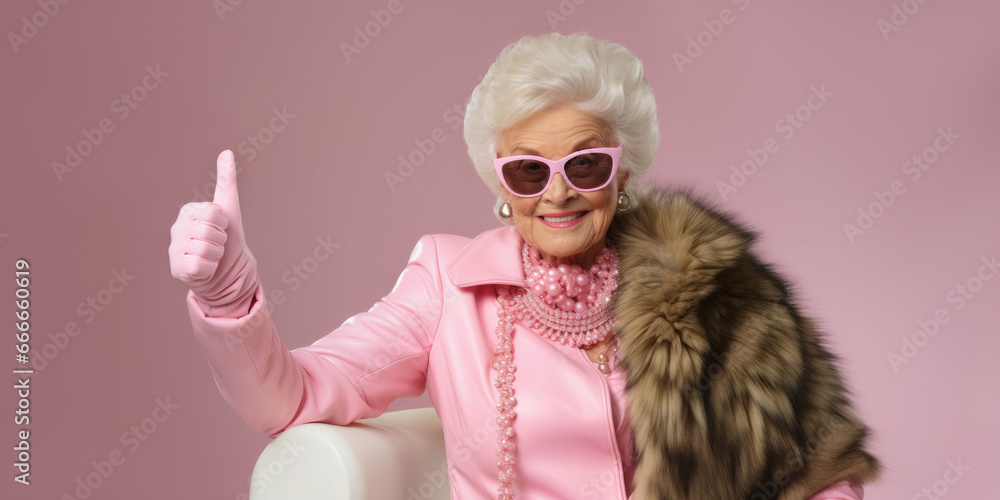 luxurious older woman in a pink suit and a fur cape showing thumbs up luxurious older woman in a pink suit and a fur cape showing thumbs up