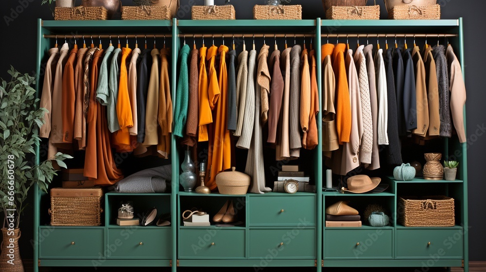 a sizable wardrobe filled with many outfits and accessories.