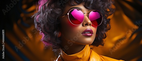 Black woman sporting a purple outfit and gold sunglasses.