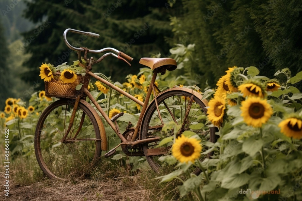 A sunflower-filled bike amidst a sunflower forest. Generative AI