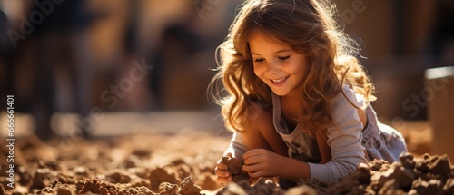 adorable young child having fun in the sand in the playground.