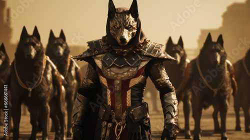 Anubis, also called Anpu, ancient Egyptian god of funerary practices and care of the dead, represented by a jackal or the figure of a man with the head of a jackal with his army. photo