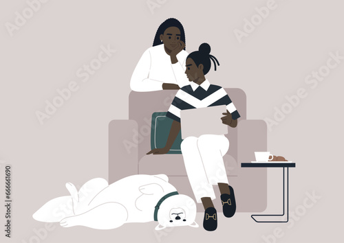 One character seeking advice from another and sharing their laptop screen to display the file of concern, a funny Samoyed dog lies on its back at their feet