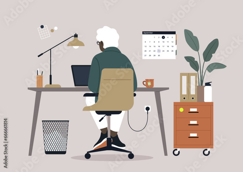A senior character sitting at a desk, diligently using their computer, seen from behind, a scene representing the concept of a working pensioner, highlighting continued productivity in later life.