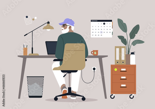 A senior character sitting at a desk, diligently using their computer, seen from behind, a scene representing the concept of a working pensioner, highlighting continued productivity in later life.