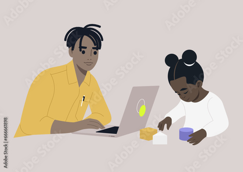 A toddler girl deeply engrossed in her building blocks, while a parent works on their laptop nearby, skillfully juggling both work and family responsibilities