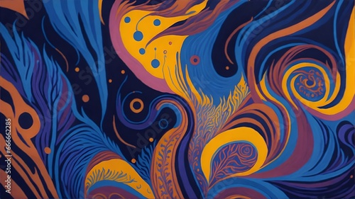 In a mesmerizingly surreal composition  an abstract background comes to life with vibrant bursts of color and intricate patterns. Bold brushstrokes of vivid blues  radiant purples  and fiery oranges d